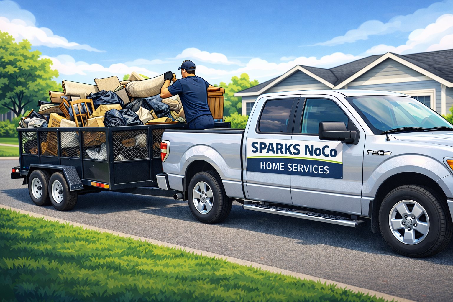 Sparks NoCo Junk Removal & Demolition truck and trailer